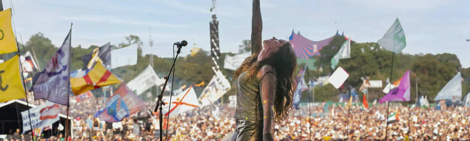 A woman in a shimmering, metallic green dress stands on stage with her arm raised.